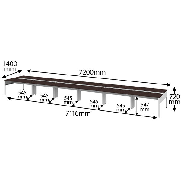 イトーキ サリダLFデスク フリーアドレスデスク 引出し無し ダーク 幅7200×奥行1400×高さ720mm 1台（18梱包） - アスクル