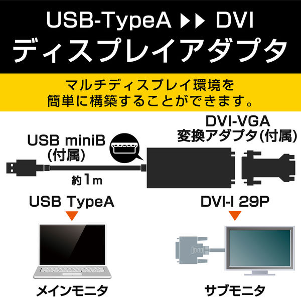 マルチディスプレイアダプタ USB - DVI-I接続 QWXGA対応 DVI-VGA変換