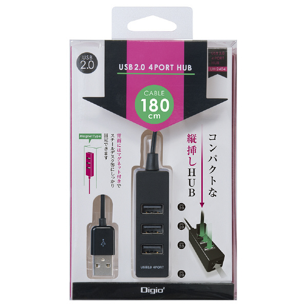ナカバヤシ(Digio) USBハブ(USB HUB) バスパワー/USB2.0/4ポート/ケーブル長180cm ブラック UH-2424BK -  アスクル