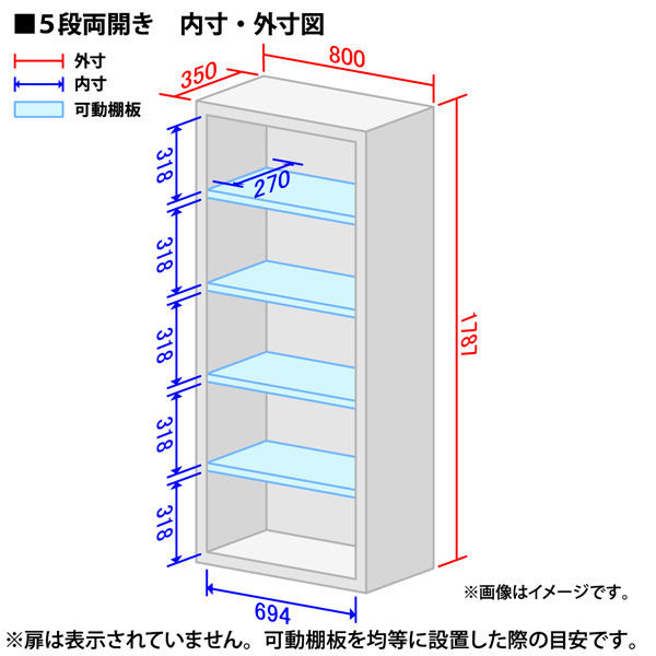 スマイル スチールストレージ（幅800mm） 5段 両開き ホワイト（鍵付・シリンダー錠） 幅800×奥行350×高さ1787mm 1台（3梱包） -  アスクル