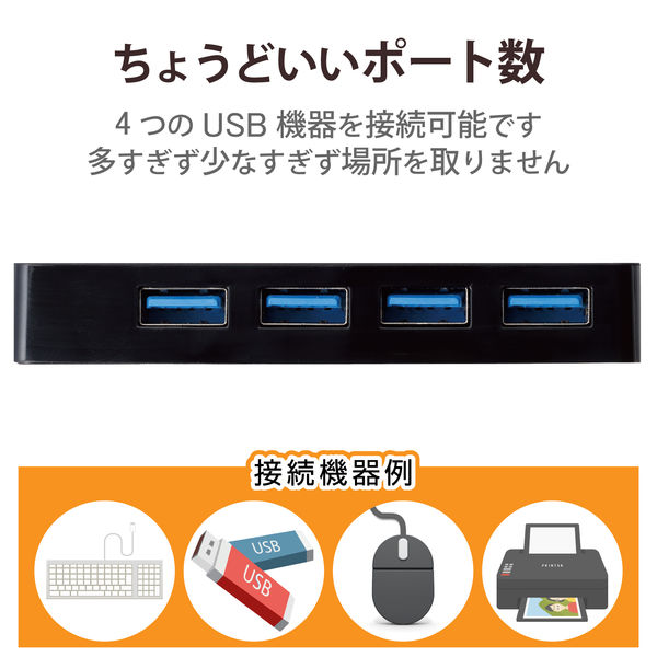 USBハブ 3.0 4ポート バスパワー ケーブル収納 ブラック U3H-K417BBK