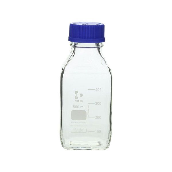 極太 脚 完品 青脚 乳白暈し 氷コップ ブルーステム ウランガラス 太足 アズワン ねじ口瓶角型 デュラン(R) 青キャップ付 500mL 017230