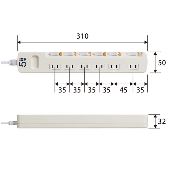 延長コード 電源タップ 5m 2ピン 6個口 個別スイッチ 雷ガード 白 T-KE03A-2650WH エレコム 1個 オリジナル