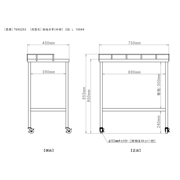 三和製作所 器械卓子（枠付） 2段 L 10644 （直送品） - アスクル