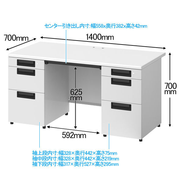 プラス スチールOAデスク フラットライン 両袖机 天板：ホワイト/脚：ホワイト 幅1400×奥行700×高さ700mm 1台（3梱包） オフィス  事務机 - アスクル