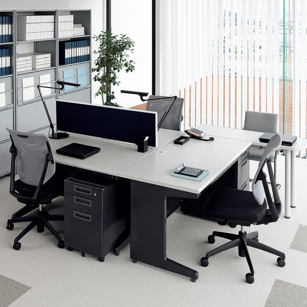 プラス 組立式スチールOAデスクシステム 平机 引出し付き ダークエル