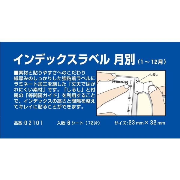 エーワン 月別インデックスラベル 整理・表示用 上質紙（表面PP加工） アソート 1片（23×32mm） 1袋（6シート 72片入）  02101（取寄品）