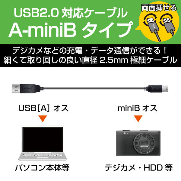 エレコム USB2.0ケーブル/リバーシブルコネクタ/ノーマル Aオス--miniB