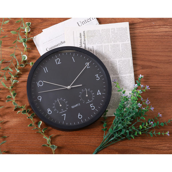 不二貿易 掛時計温湿度計付 ベゼル 幅254×奥行40×高さ254mm ブラック