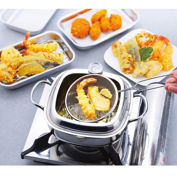 タマハシ 食彩亭 ステンレス角型天ぷら鍋(20cm)連結バット・すくい油切