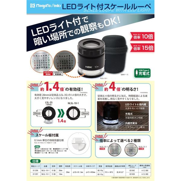 新潟精機 LEDライトツキスケールルーペ15倍 NLSL-15-1 1台（直送