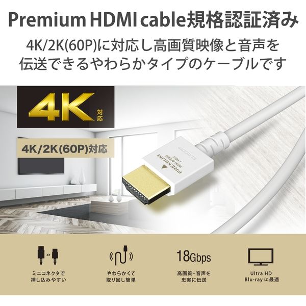 HDMIケーブル 2m プレミアム やわらか インテリア ホワイト DH
