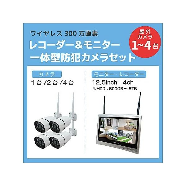 12.5インチLCD一体型300万画素ワイヤレス防犯カメラ2台・録画機(2TB)1