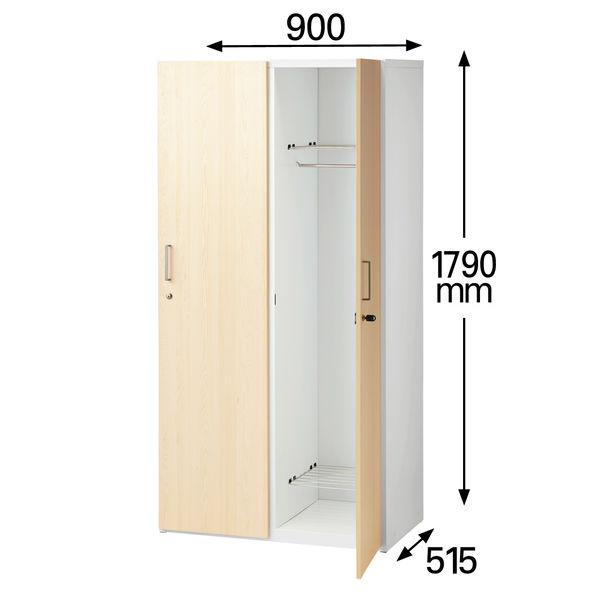 スマイル 木扉スチールロッカー 2連2人用（ワイド） シリンダー錠 オーク 幅900×奥行515×高さ1790mm 1台（3梱包）組立式