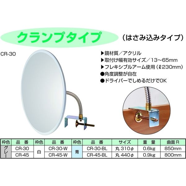 カーブミラー 室内 防犯ミラー 丸型 310φ クランプ フレキ グレー 白