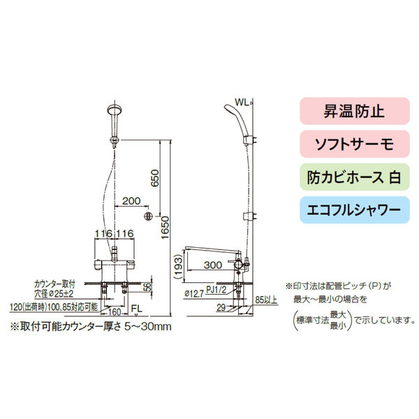 LIXIL サーモスタット付シャワーバス水栓 デッキ型 浴槽・洗い場兼用