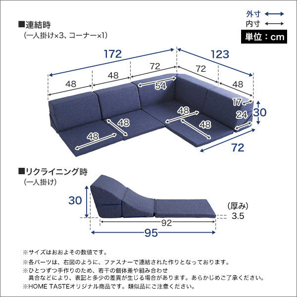 ホームテイスト Linum(リナム) 組み合わせ自由 国産 コーナーローソファ フロアタイプ ネイビー SH-07-RCLS 1台（直送品）