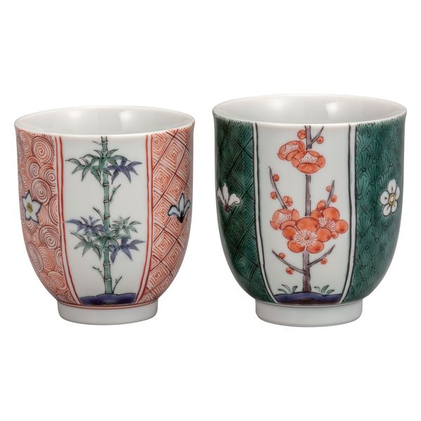 伊野正峰 日本の伝統工芸品【九谷焼】 組湯呑 割取松竹梅 銀泉窯