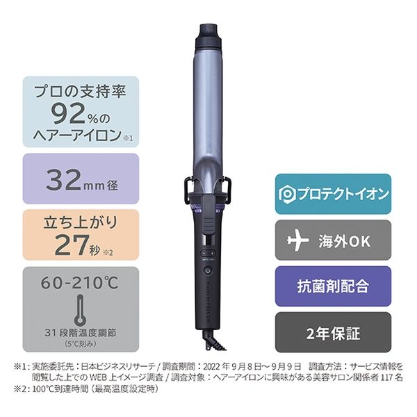 ヘアアイロン カールアイロン プロテクトイオン 32mm 温度調整/ロック