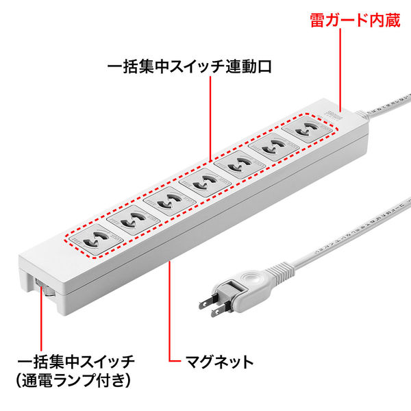 延長コード 電源タップ 2m 2P（ピン） 7個口 スイッチ ライトグレー
