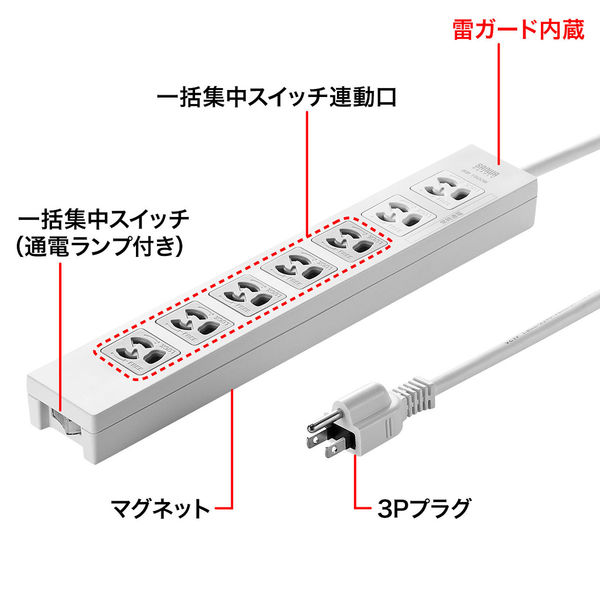 延長コード 電源タップ 5m 3P（ピン） 7個口 スイッチ ライト