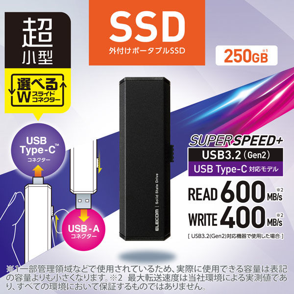 SSD 外付け 250GB USB3.2 Gen2 超小型 スライド式 ブラック ESD-EWA0250GBK エレコム 1個（直送品） アスクル