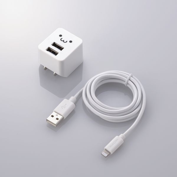 iPhone・USB充電器 急速 2.4A USB-A×2 ライトニングケーブル付 1.2m 白