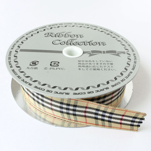 小西リボン チェックリボン 15mm巾×25m巻 ブラウン KR3651-25-40 1