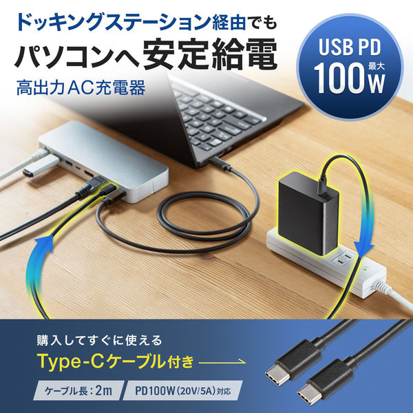 サンワサプライ USB PD対応AC充電器（PD100W・TypeCケーブル付き） ACA