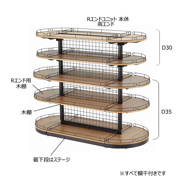 什器セットまるごと購入】 Rエンドユニット 両エンド 欄干付き木棚(D30・35cm)+ステージセット 【軒先渡し／お客様組立】（直送品） - アスクル