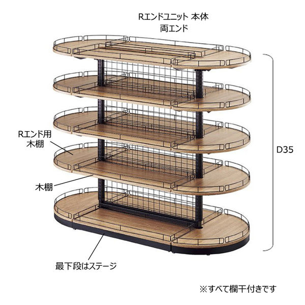 【什器セットまるごと購入】 Rエンドユニット 両エンド 欄干付き木棚(D35cm)+ステージセット　【軒先渡し／お客様組立】（直送品）