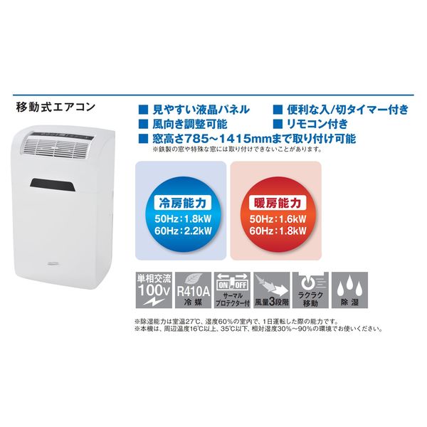 ナカトミ 移動式エアコン 冷房 1.8/2.2kW・暖房 1.6/1.8kW・除湿・送風 MAC-22CH 1台 - アスクル