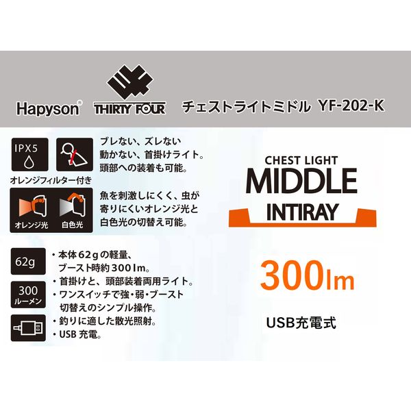 充電式 チェストライトミドル LEDライト 防水保護等級 IPX5 YF
