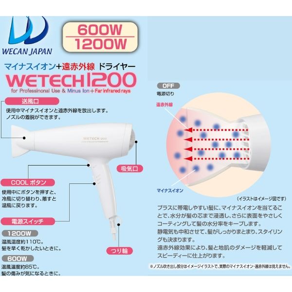 ウィキャン マイナスイオン+遠赤外線 ドライヤー W1200 ホワイト WJ