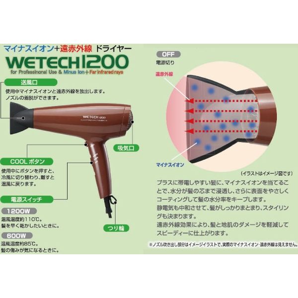 ウィキャン マイナスイオン+遠赤外線 ドライヤー Ｗ1200 ブラウン WJ-915 1個（直送品） - アスクル