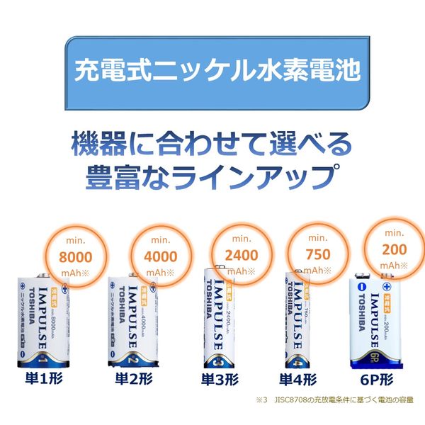 東芝ニッケル水素充電池（IMPULSE） 6P（9V）形 200mAh 6TNH22A 1個