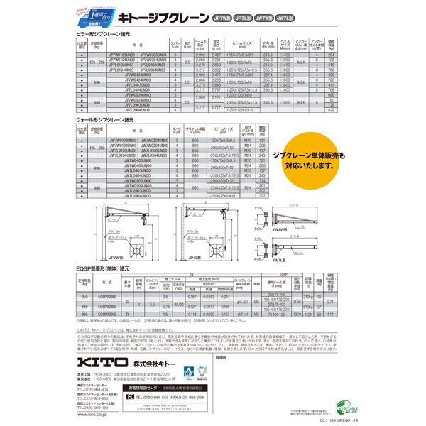 キトー ジブクレーンパッケージ（ジブクレーン＋電気チェーンブロックEQSP形+横行給電） JP7L0404UN03-EQSP004IS（直送品） -  アスクル