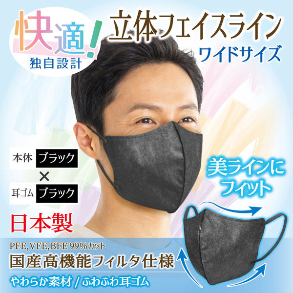 立体フェイスラインマスク 7枚入 ワイド 黒×黒 3袋セット RFW-BB