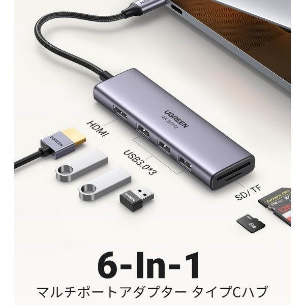 USBハブ Type-C接続 6-in-1 HDMI（4K60Hz） USB-A カードスロット ドッキングステーション 1個