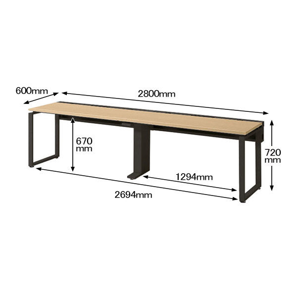 Ceha プレノデスクシステム フリーアドレスデスク 2連 引出し無し オーク天板/ブラック脚 幅2800×奥行600×高さ720mm 1台  (6梱包) - アスクル