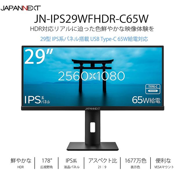 JAPANNEXT 29インチ ウルトラワイドモニター Type-C給電 JN-IPS29WFHDR-C65W 1台