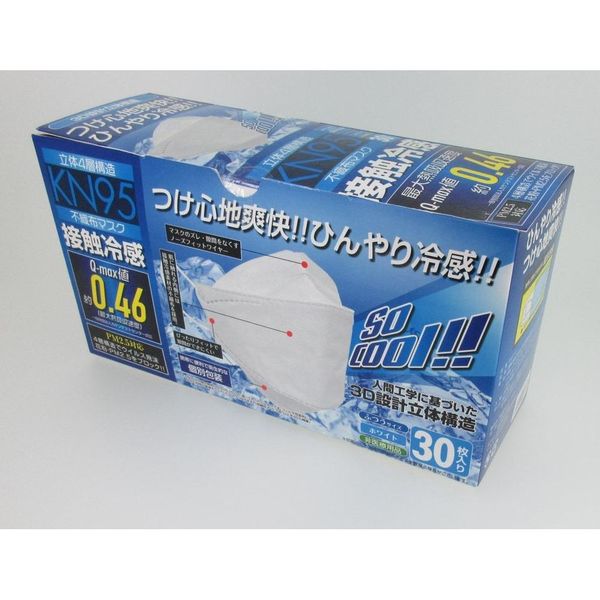 2022接触冷感KN95 立体4層構造不織布マスク30枚入り　ホワイト 60110 1セット(600枚:30枚入×20個) トレードワン（直送品）