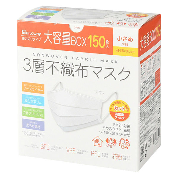 大容量BOX 3層構造 不織布マスク 1セット（150枚入×4箱） 小さめサイズ Bitoway 女性 - アスクル