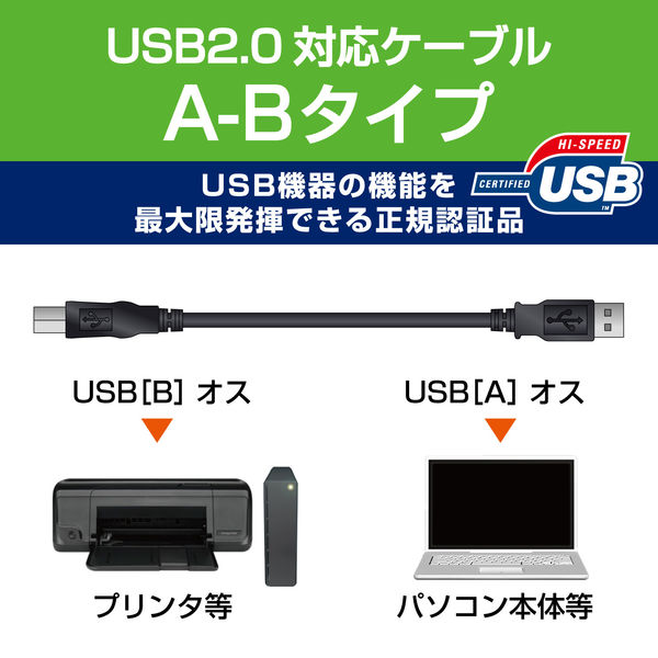 エレコム USB2.0ケーブル ノーマル A-Bタイプ ブラック 0.7m U2C-BN07BK 1個 - アスクル