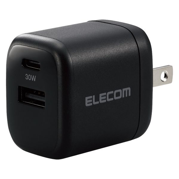 エレコム 急速充電器 Type-C USB 30W 2ポート (USB-C/USB-A) 小型 軽量 (PD3.0対応/Gan採用/折りたたみ式プラグ) ブラック EC-AC14BK
