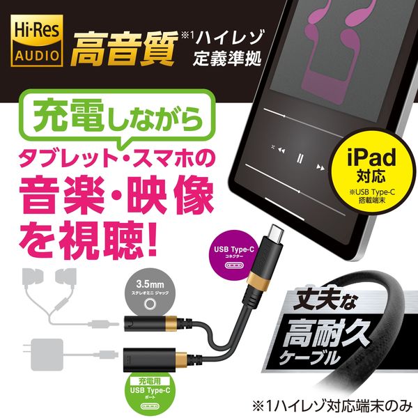 ブランドのギフト イヤホン ケーブル USB ブラック Type-C変換ケーブル