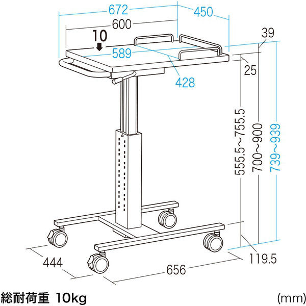 サンワサプライ 上下昇降電子カルテカート 幅450×奥行672×高さ739mm