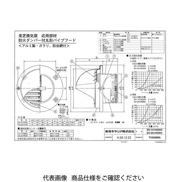 東芝 Φ150標準ガラリ防虫網付 DVー201RDNV 1台（直送品） - アスクル