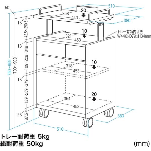 サンワサプライ プロジェクター台 幅510×奥行380×高さ750～959mm