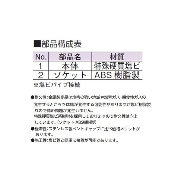 アウス 露出型ベントキャップ・特殊硬質塩ビ製 D-110V-AB 65・50（直送